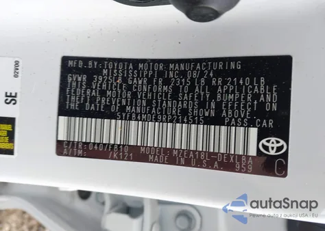 2024 Toyota Corolla Le from USA, damaged, VIN 5YFB4MDE9RP214515